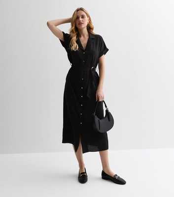Black Short Sleeve Midi Shirt Dress