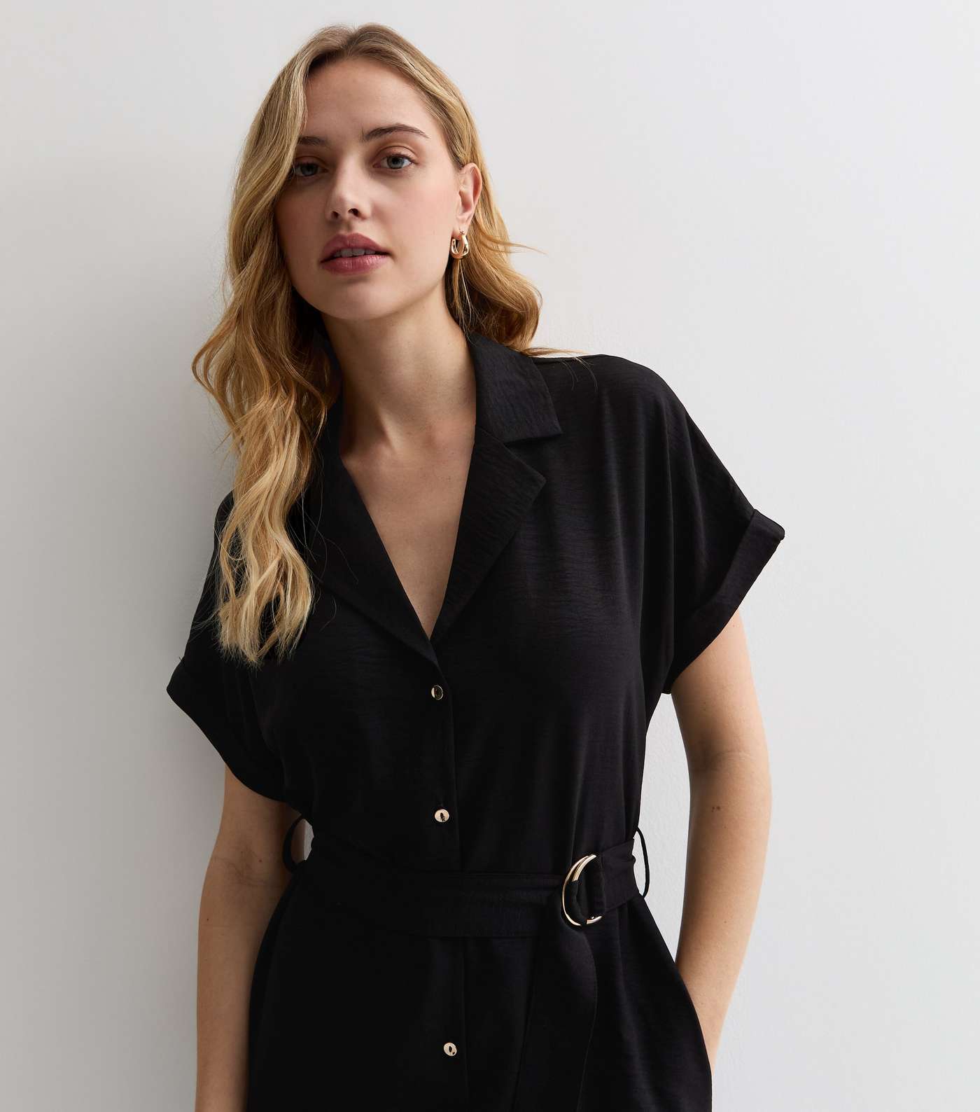 Black Short Sleeve Midi Shirt Dress Image 2