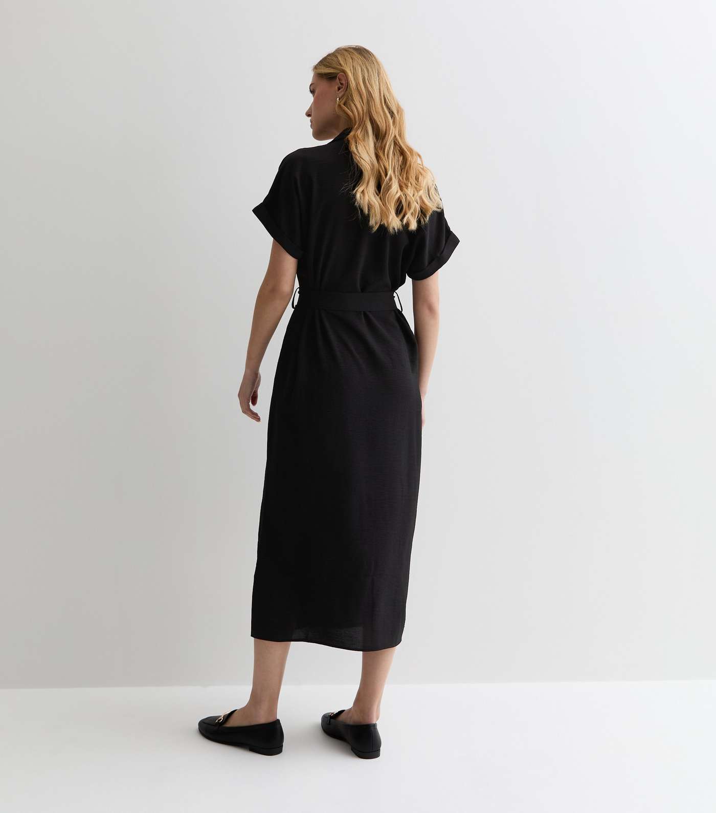 Black Short Sleeve Midi Shirt Dress Image 4