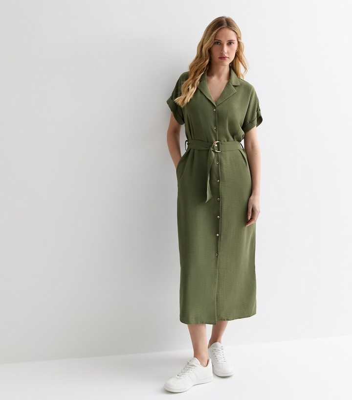 Khaki Short Sleeve Belted Shirt Midi Dress