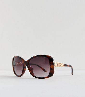 Dark Brown Tortoiseshell Effect Chain Arm Sunglasses New Look