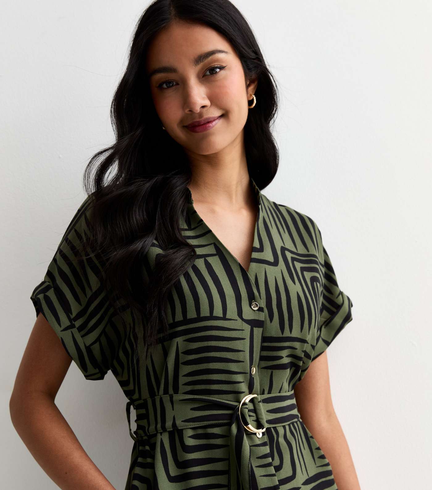Green Abstract Print Short Sleeve Belted Midi Dress Image 2