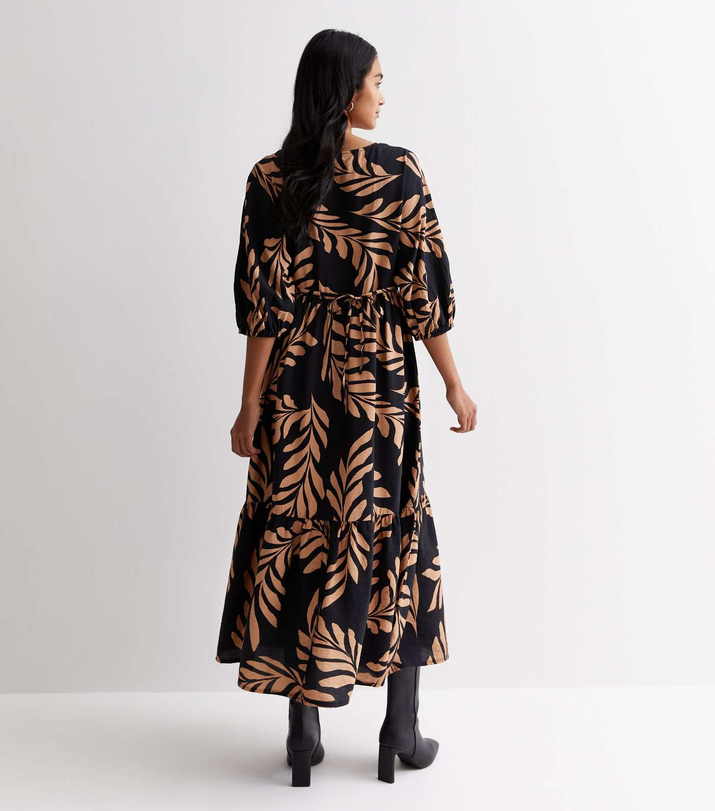 Black Graphic Leaf Print Puff Sleeve Midaxi Smock Dress Image 4