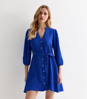 Blue Grandad Collar Mini Shirt Dress New Look