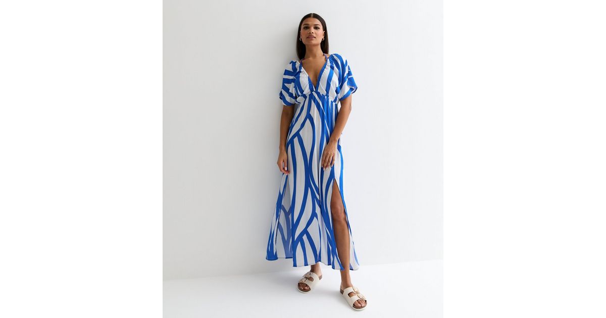 Blue Animal Print Abstract Bralette & Bikini Bottom Ruffle Maxi Dress