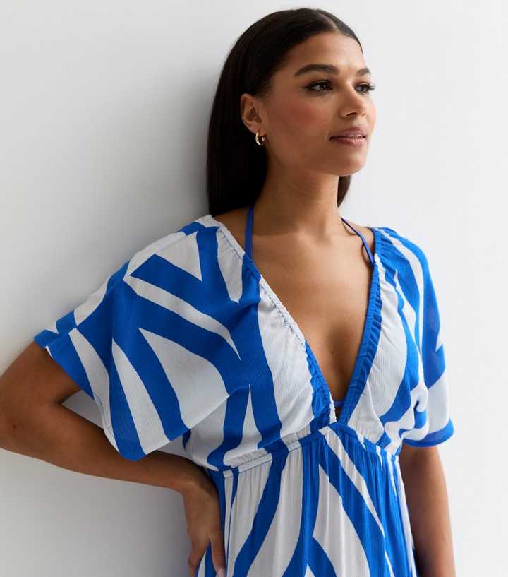 Blue Abstract Print Short Sleeve Maxi Beach Dress