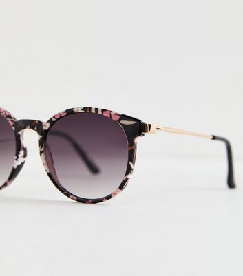 Black Floral Round Frame Sunglasses New Look