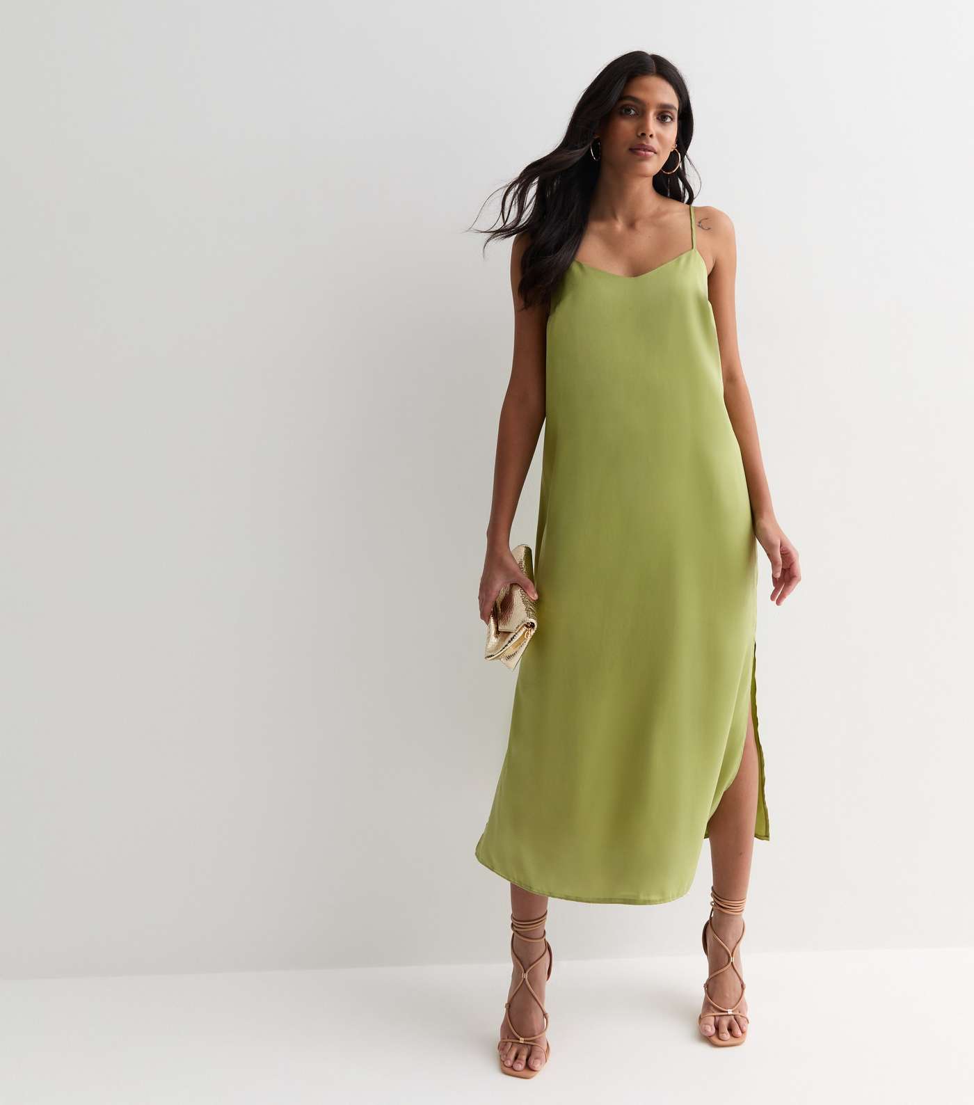 Green Satin Split Hem Midi Slip Dress Image 3