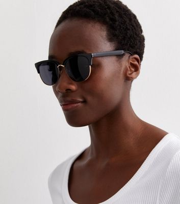 Black Half Rim Round Sunglasses | New Look