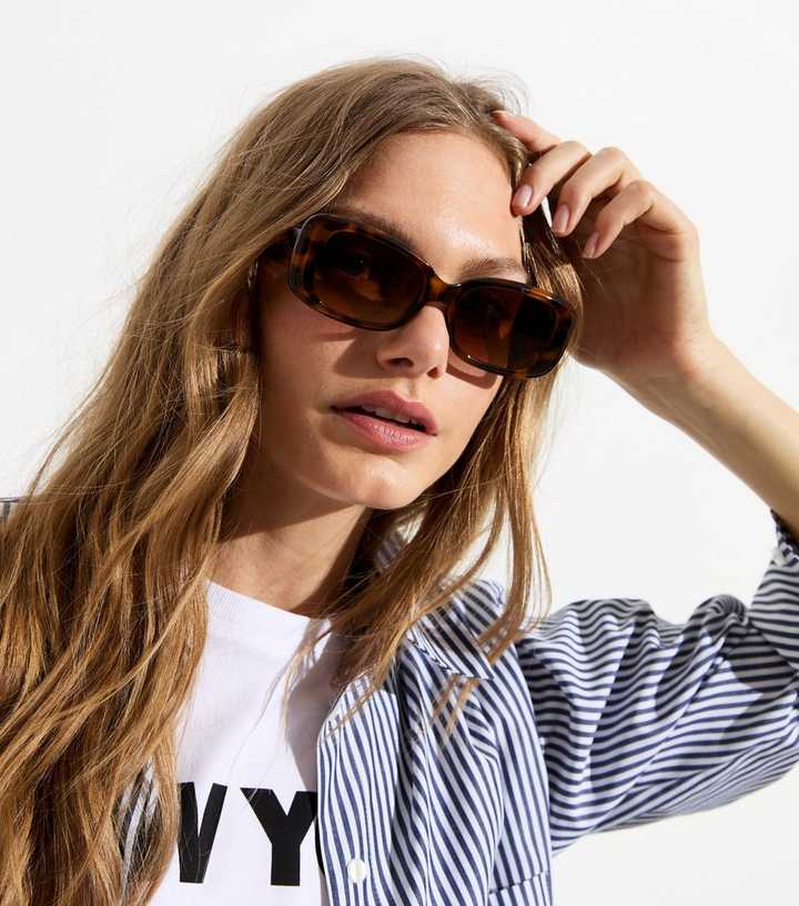 Dark Brown Tortoiseshell Effect Rectangle Frame Sunglasses