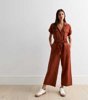 Rust Short Sleeve Belted Utility Jumpsuit 