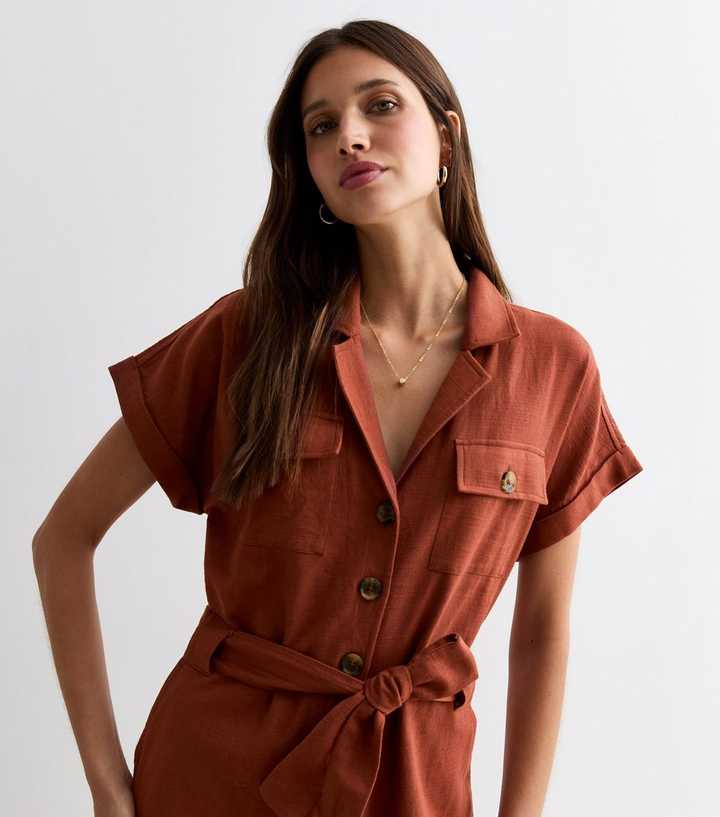 Rust Short Sleeve Belted Utility Jumpsuit