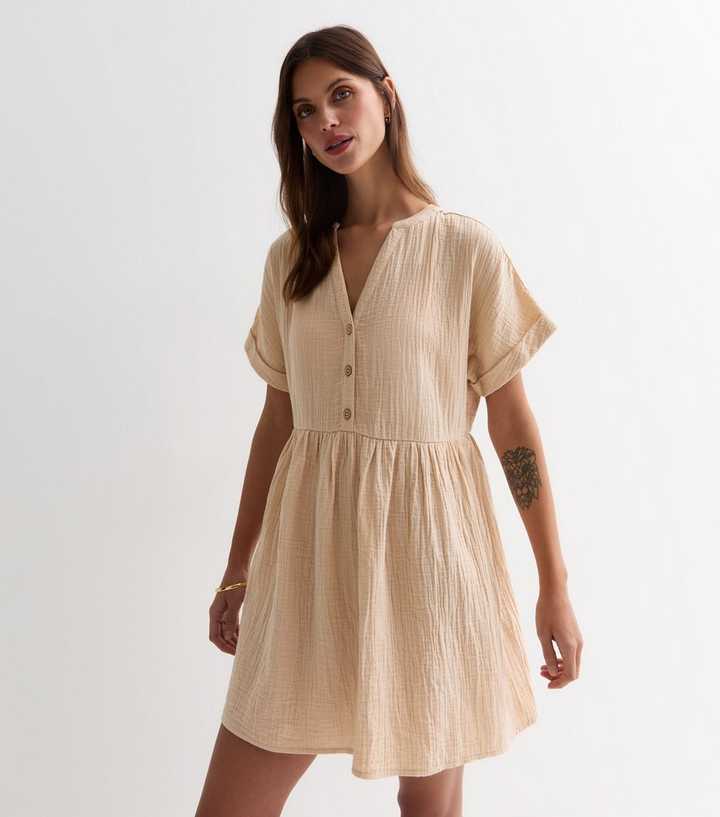 Stone Crinkle Cotton Mini Smock Dress