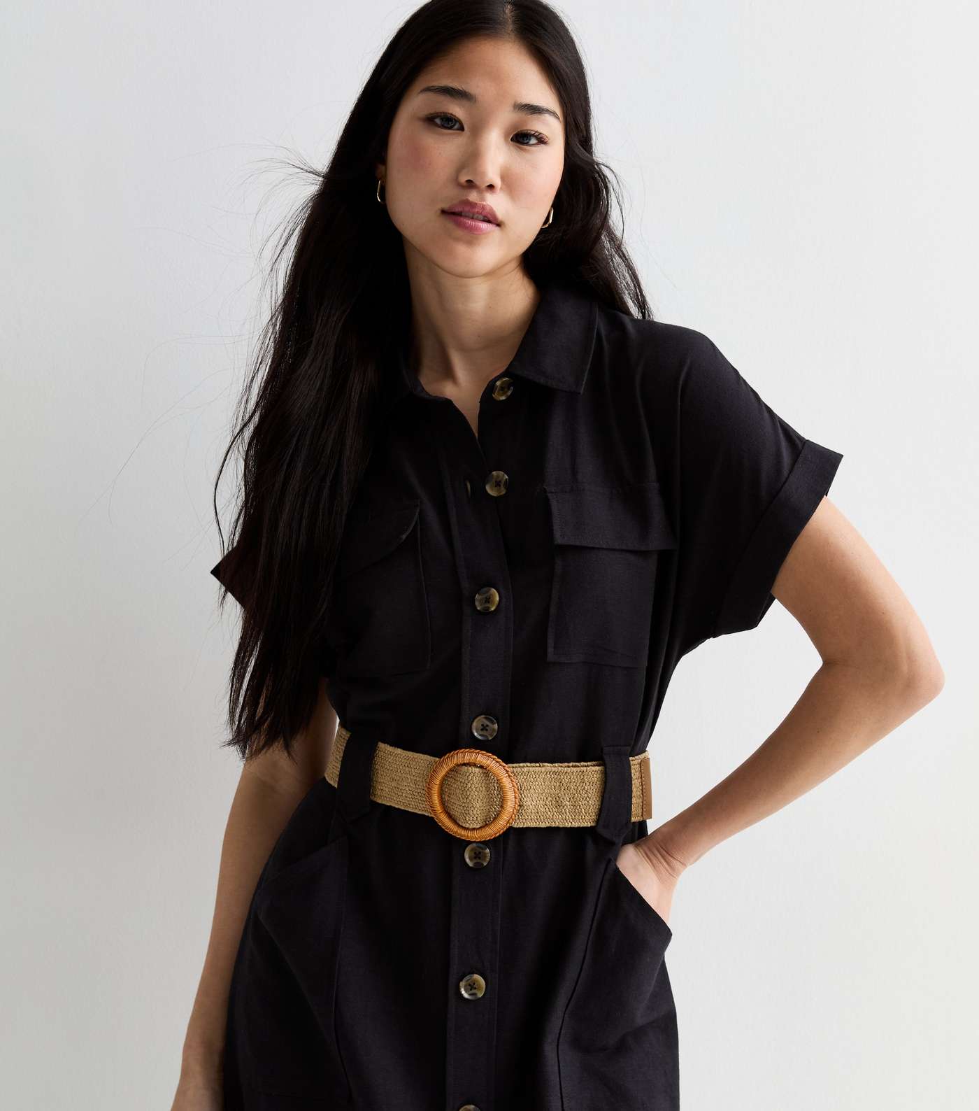 Black Short Sleeve Belted Utility Midi Shirt Dress Image 2
