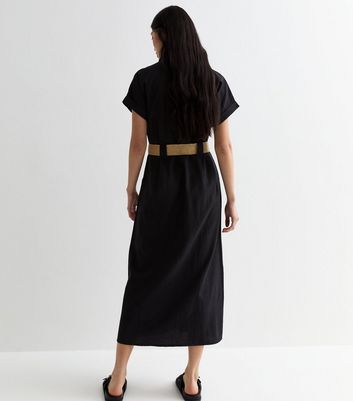 Black Short Sleeve Belted Utility Midi Shirt Dress New Look