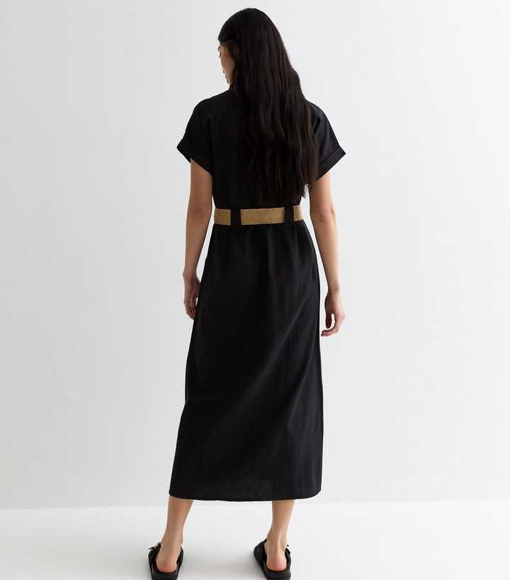 Black Short Sleeve Belted Midi Dress