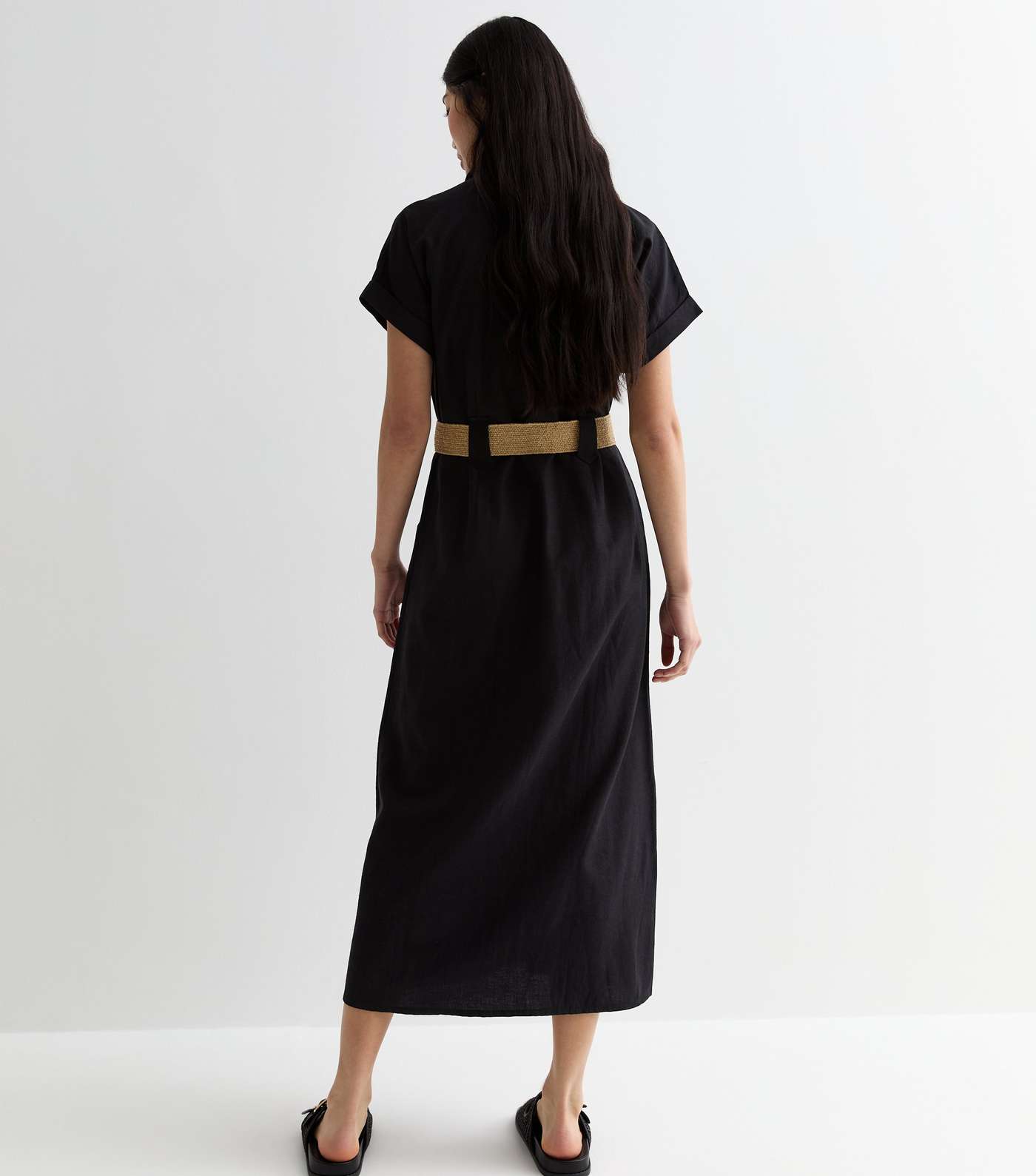 Black Short Sleeve Belted Utility Midi Shirt Dress Image 4