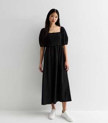 Black Square Neck Shirred Midi Dress