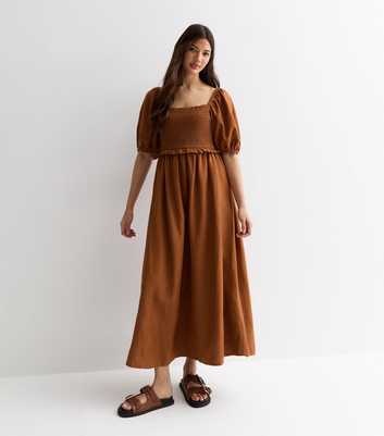 Brown Square Neck Shirred Midi Dress