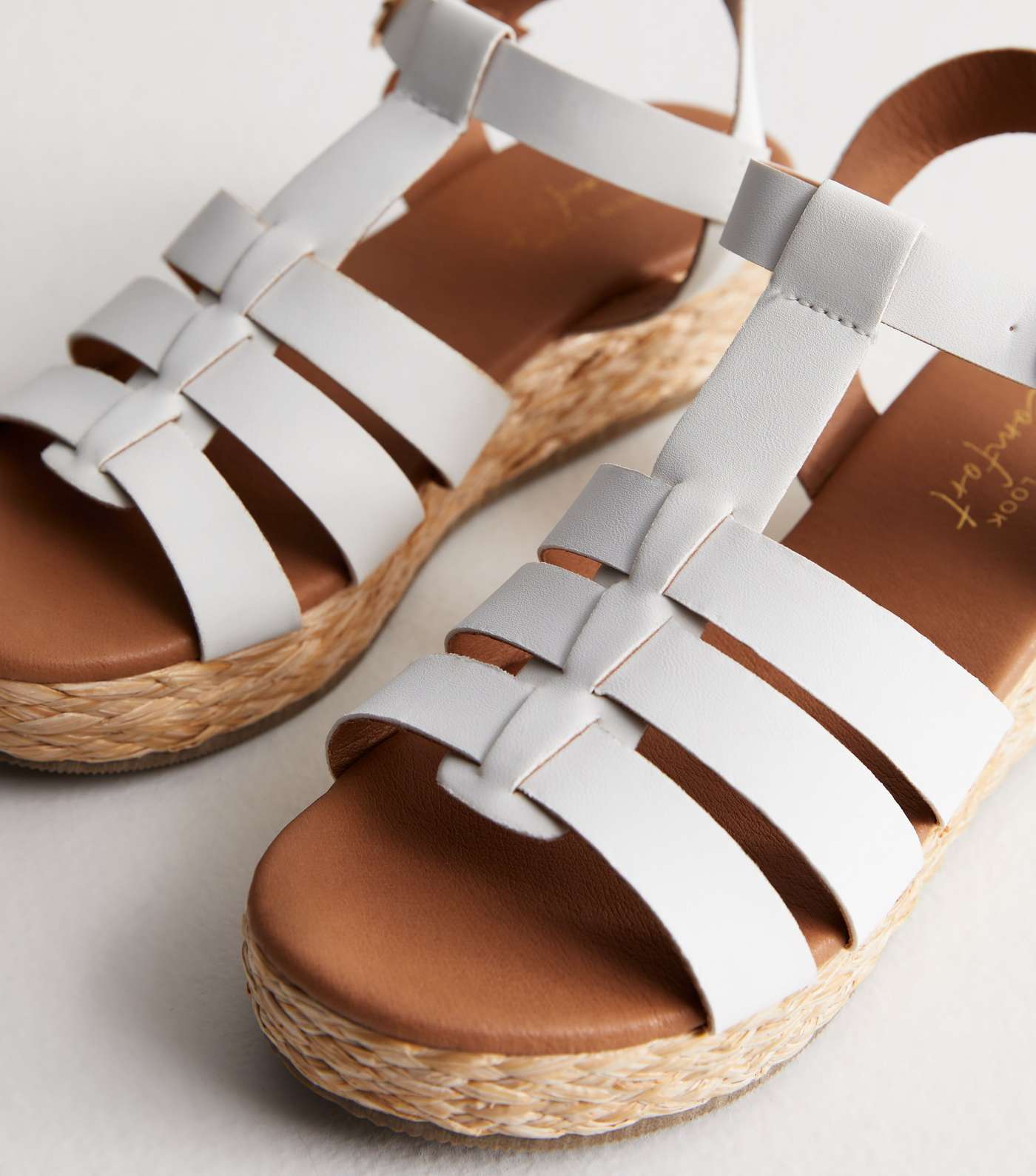 White Leather-Look Gladiator Espadrille Flatform Sandals Image 4