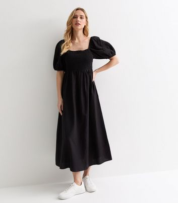 Black Square Neck Broderie Puff Sleeve Midi Dress New Look