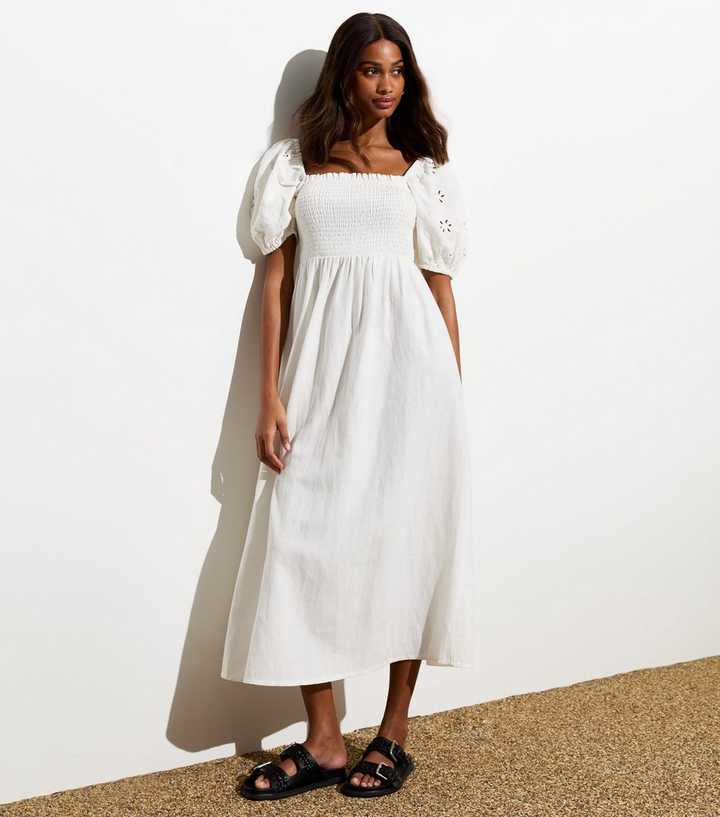 White Square Neck Embroidered Puffed Sleeve Midi Dress