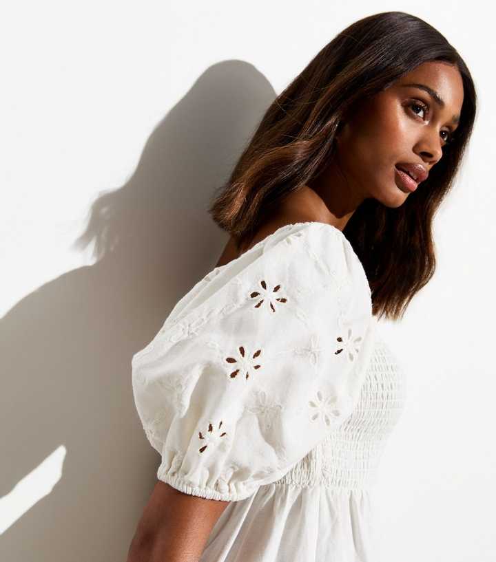 White Square Neck Embroidered Puffed Sleeve Midi Dress