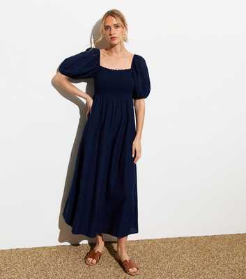 Navy Square Neck Embroidered Puffed Sleeve Midi Dress