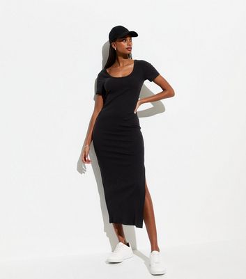 Black Ribbed Scoop Neck Midi Dress New Look