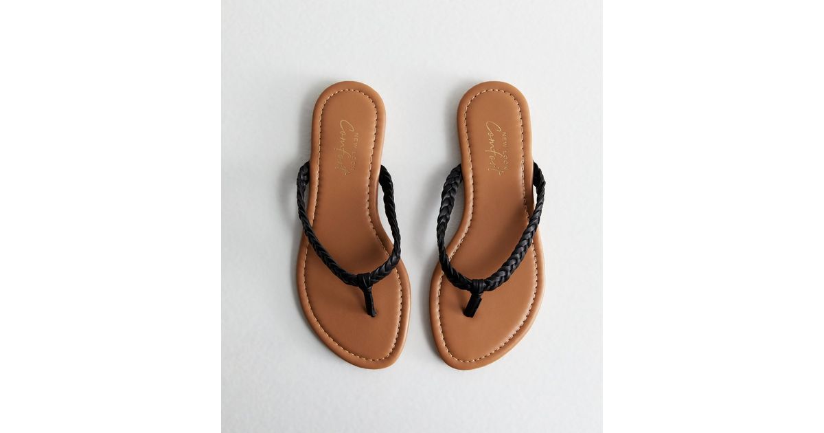 Black Leather-Look Plaited Toe Post Sandals | New Look