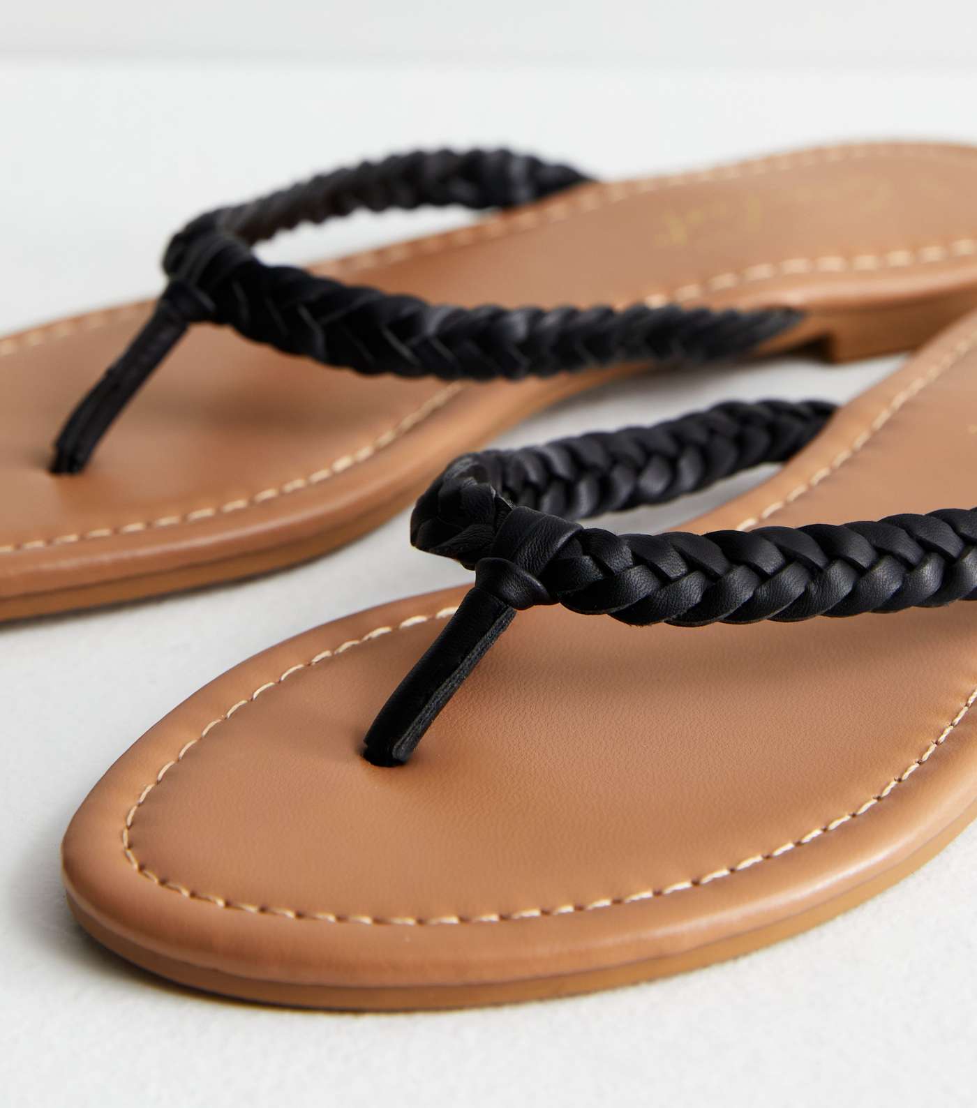 Black Leather-Look Plaited Toe Post Sandals Image 5