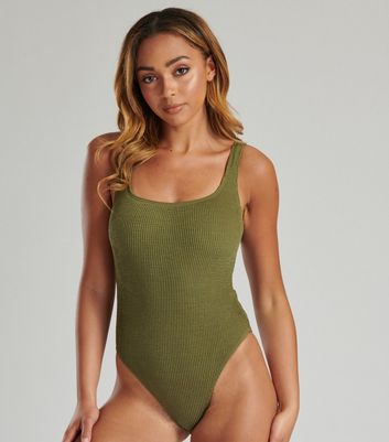South Beach Khaki Textured Crinkle Swimsuit New Look