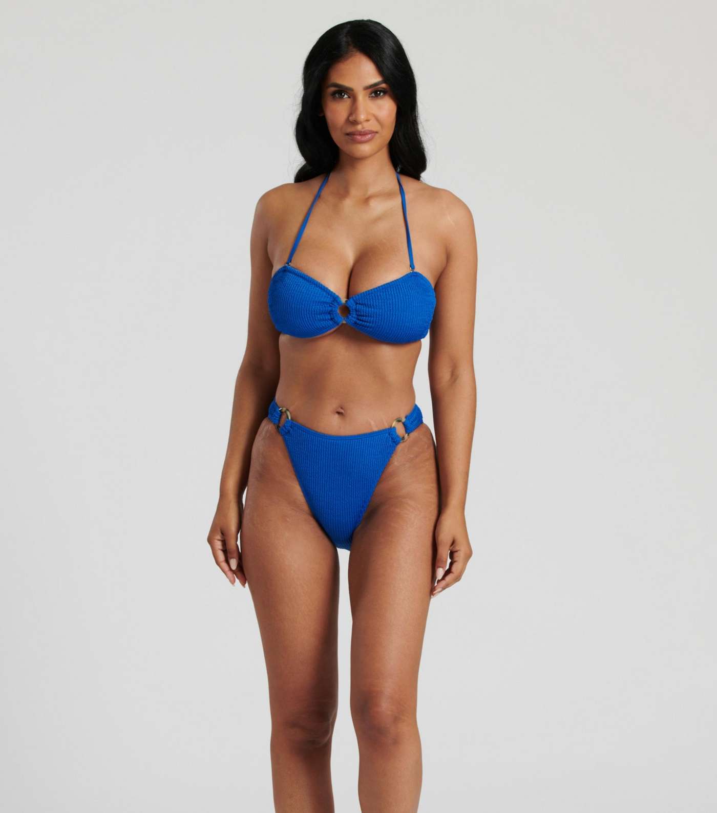 South Beach Bright Blue Textured Crinkle Bandeau Bikini Top Image 3