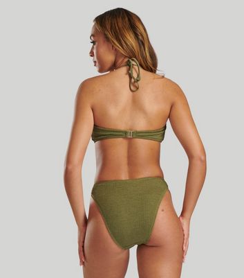 South Beach Khaki Textured Crinkle Bandeau Bikini Top New Look