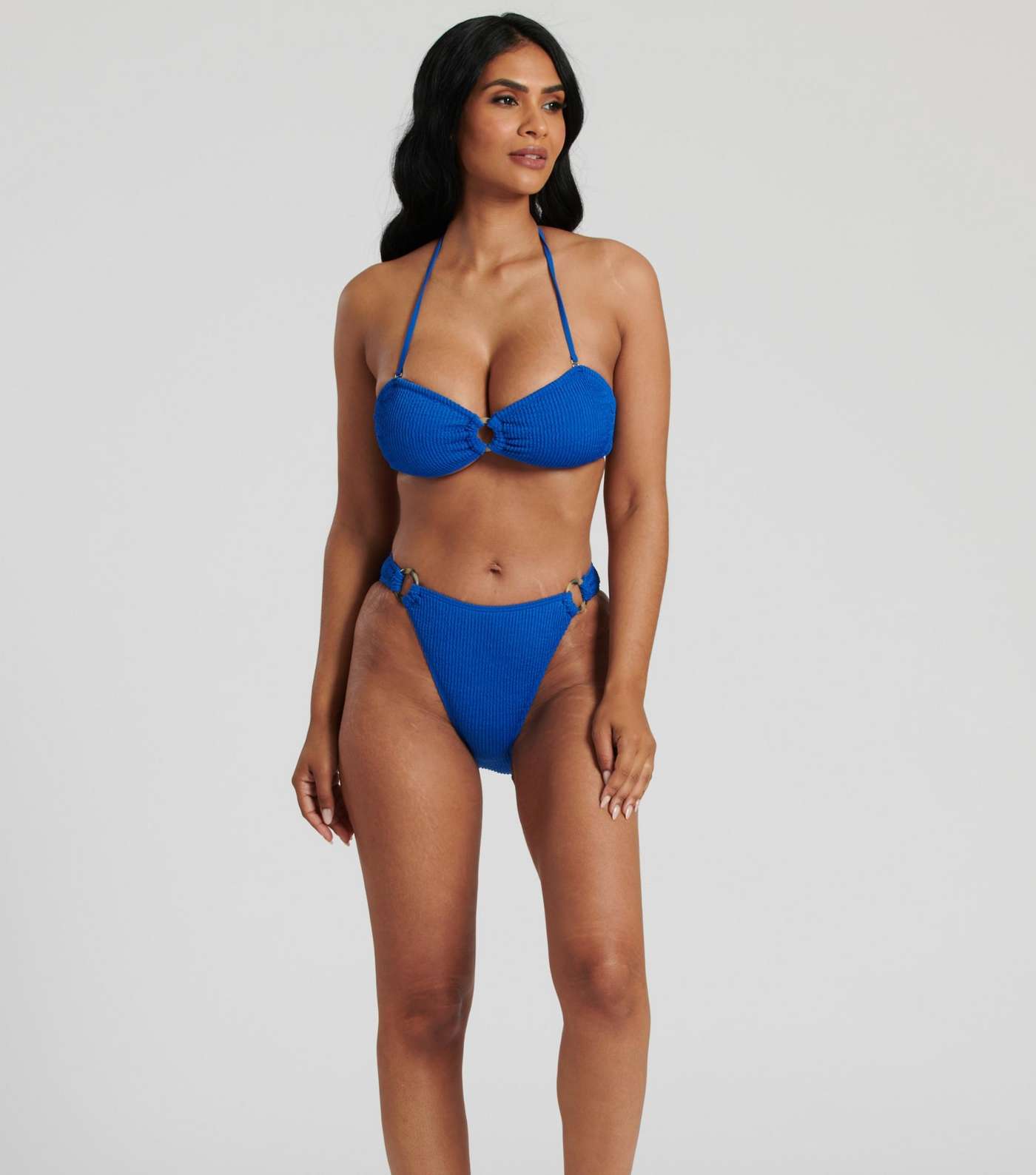 South Beach Bright Blue Textured Crinkle High Waist Bikini Bottoms Image 2