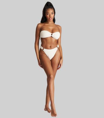 South Beach Cream Textured Crinkle High Waist Bikini Bottoms New Look