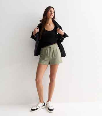 Olive Drawstring Utility Shorts New Look