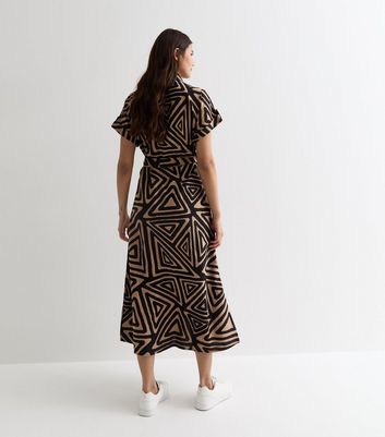 Brown Geometric Print Belted Midi Shirt Dress New Look