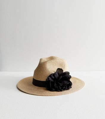 Stone Straw Effect Floral Corsage Fedora Hat New Look