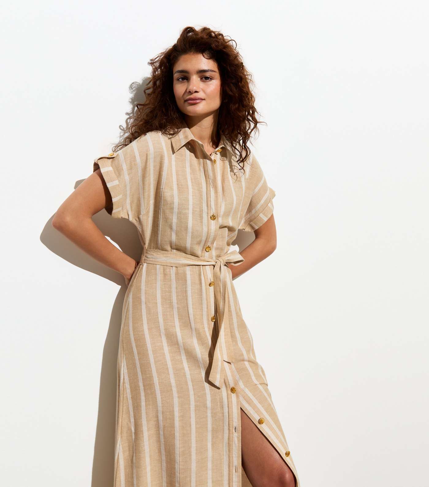 Brown Stripe Short Sleeve Belted Midi Shirt Dress Image 3