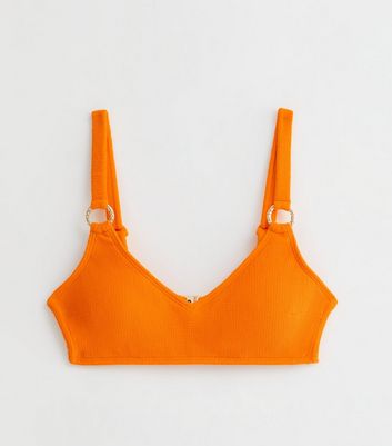Bright Orange Crinkle Textured Ring Bikini Top New Look