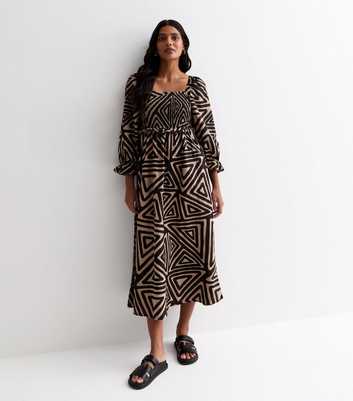 Brown Abstract Print Square Neck Shirred Midi Dress
