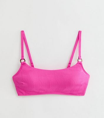 Bright Pink Wavy Textured Scoop Bikini Top New Look