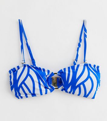 Blue Line Print Bandeau Bikini Top New Look