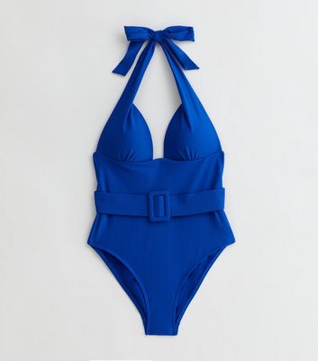 Bright Blue Halter Belted Illusion Swimsuit