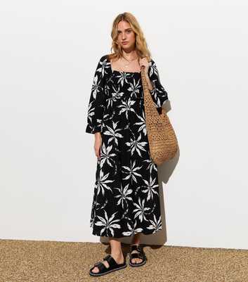 Black Shirred Tropical Palm Print Midi Dress