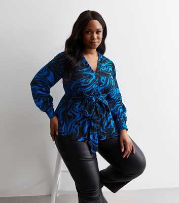 Apricot Curves Bright Blue Marble Print Tie Waist Top