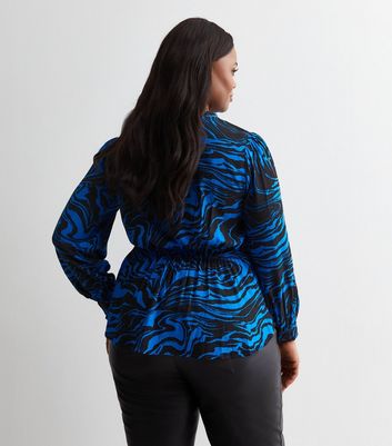 Apricot Curves Bright Blue Marble Print Tie Waist Top New Look