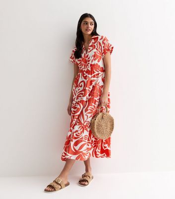 Red Floral Tiered Midi Dress New Look