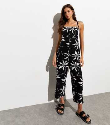 Black Linen-Blend Palm Print Jumpsuit